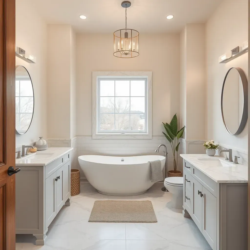 Modern Bee Cave, TX bathroom with white subway tiles, earthy limestone accents, freestanding tub, glass shower, floating vanity.