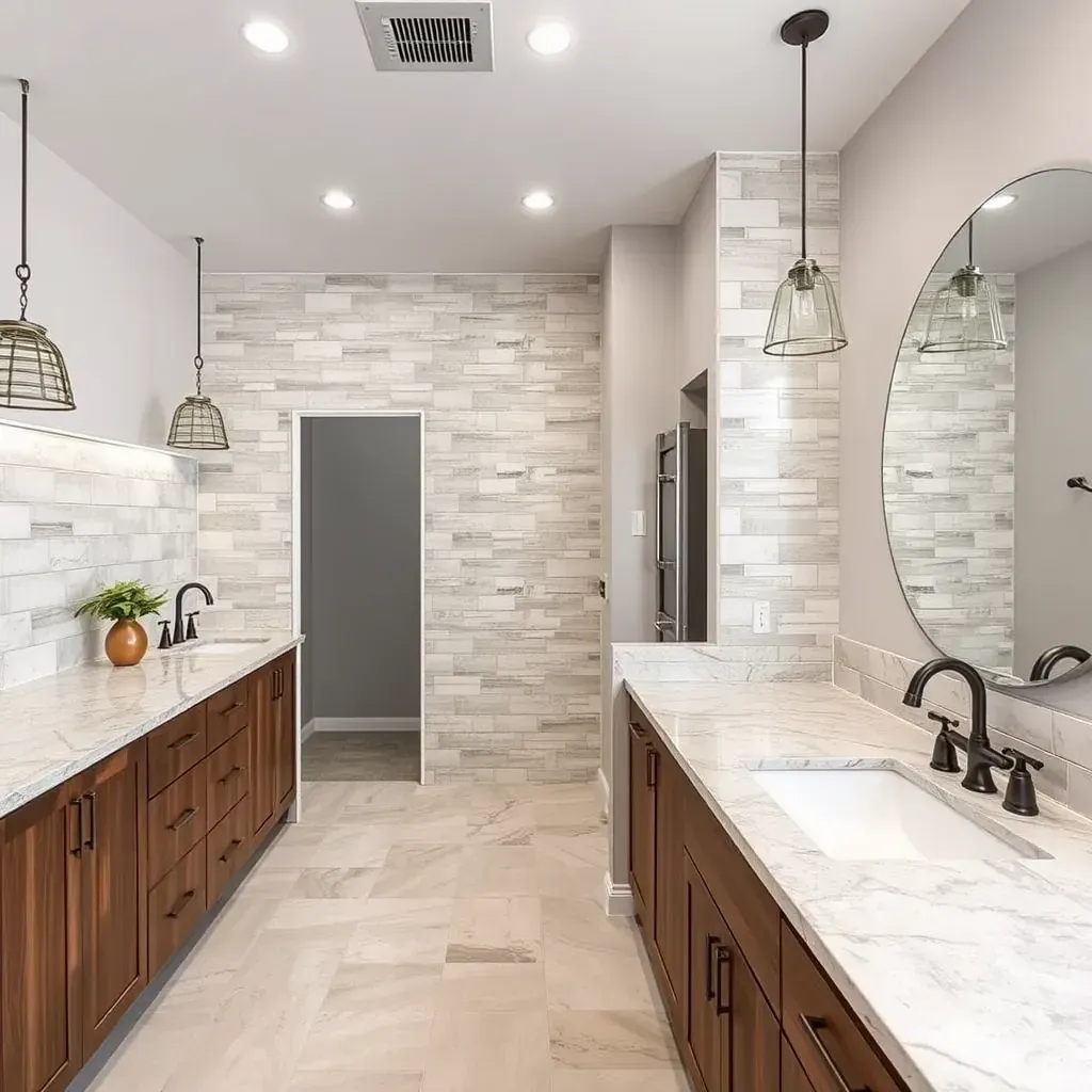 Close-up of beige and gray matte porcelain tiles installed in a modern kitchen in Round Rock, TX, with perfect grout lines and natural light.