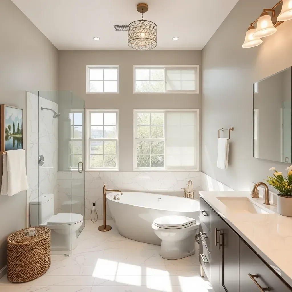 Modern Buda, TX bathroom with beige tiles, a glass shower, marble vanity, chrome fixtures, and natural light.