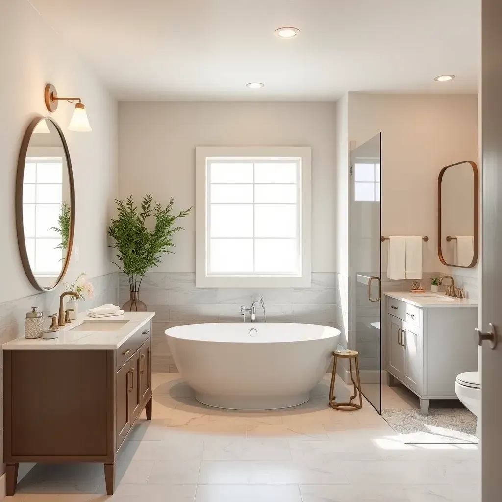 Beautifully remodeled Waco bathroom with a freestanding tub, glass shower, marble vanity, and modern decor.