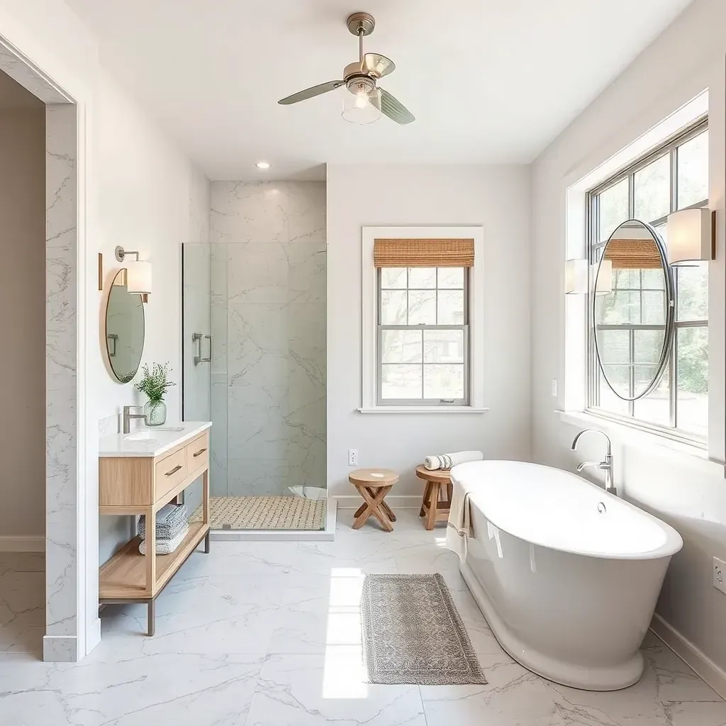 Remodeled bathroom in Dripping Springs, TX featuring earthy tiles, stone accents, a granite vanity, shower with rainfall head, and natural light.