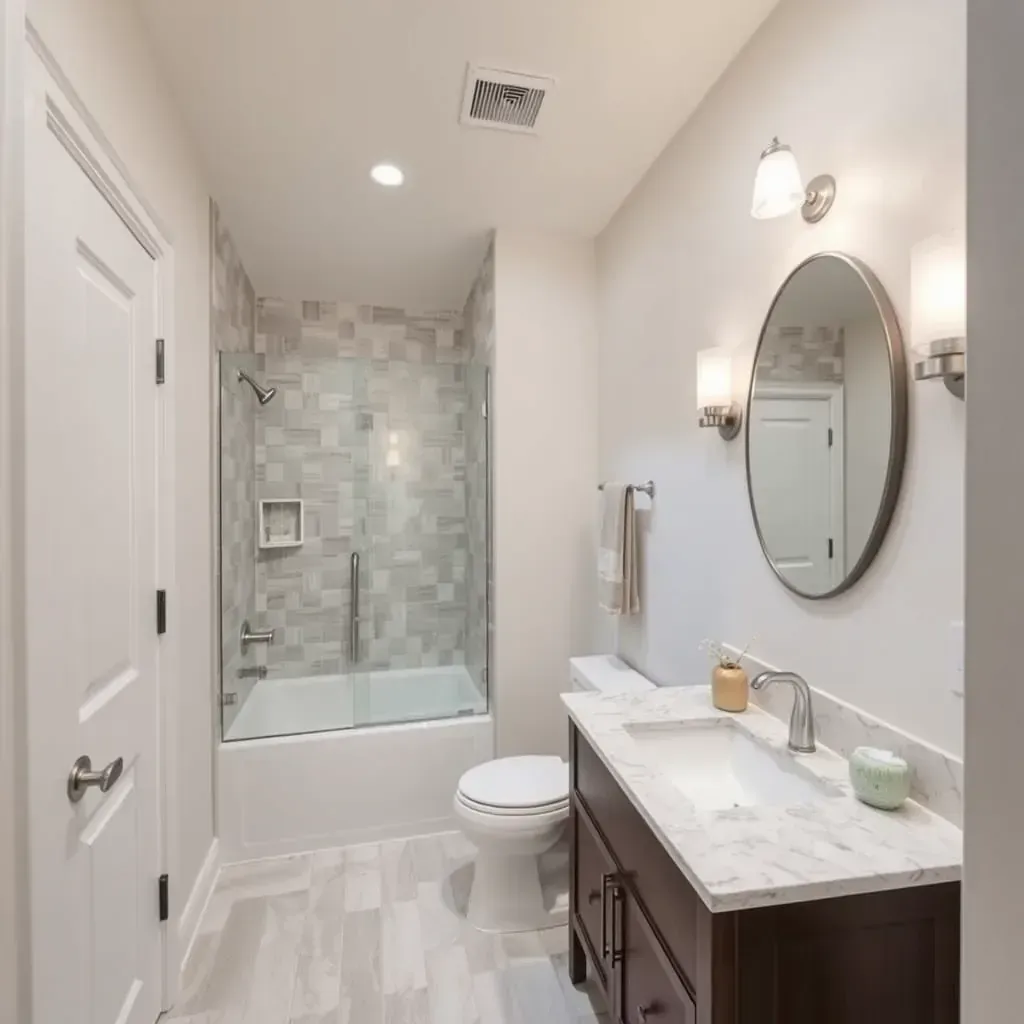 Spacious modern bathroom with walk-in glass shower, freestanding tub, granite vanity, and scenic Texas landscape views.