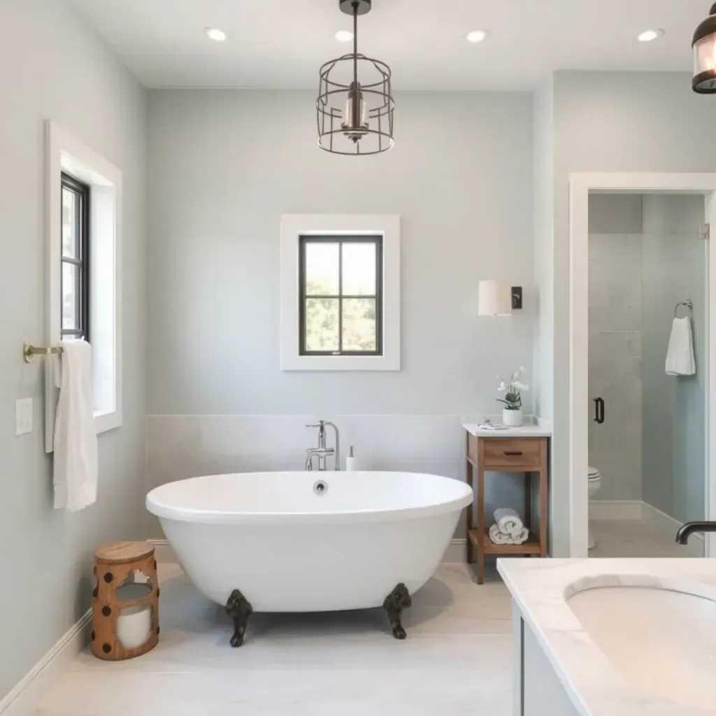 Beautiful Wimberley, TX bathroom with stone tiles, modern fixtures, neutral tones, natural light, and greenery accents.