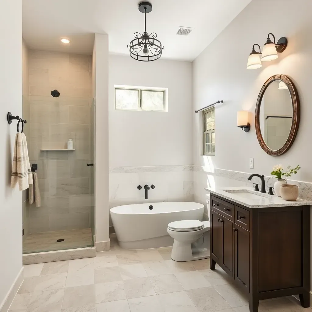 Modern bathroom with granite vanities, glass shower, soaking tub, and natural light in Salado, TX.