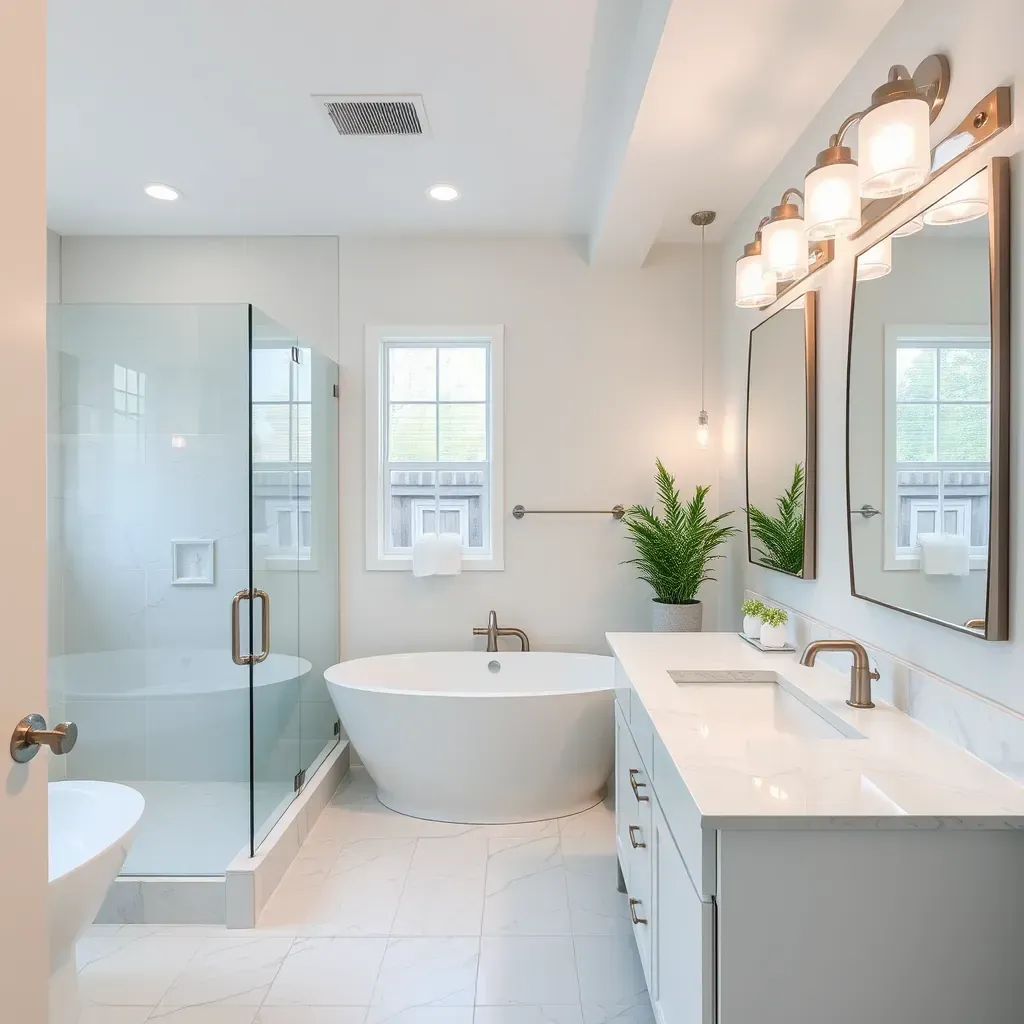 Beautiful modern bathroom with sleek fixtures, granite countertops, glass shower, and tasteful decor in Steiner Ranch, TX.