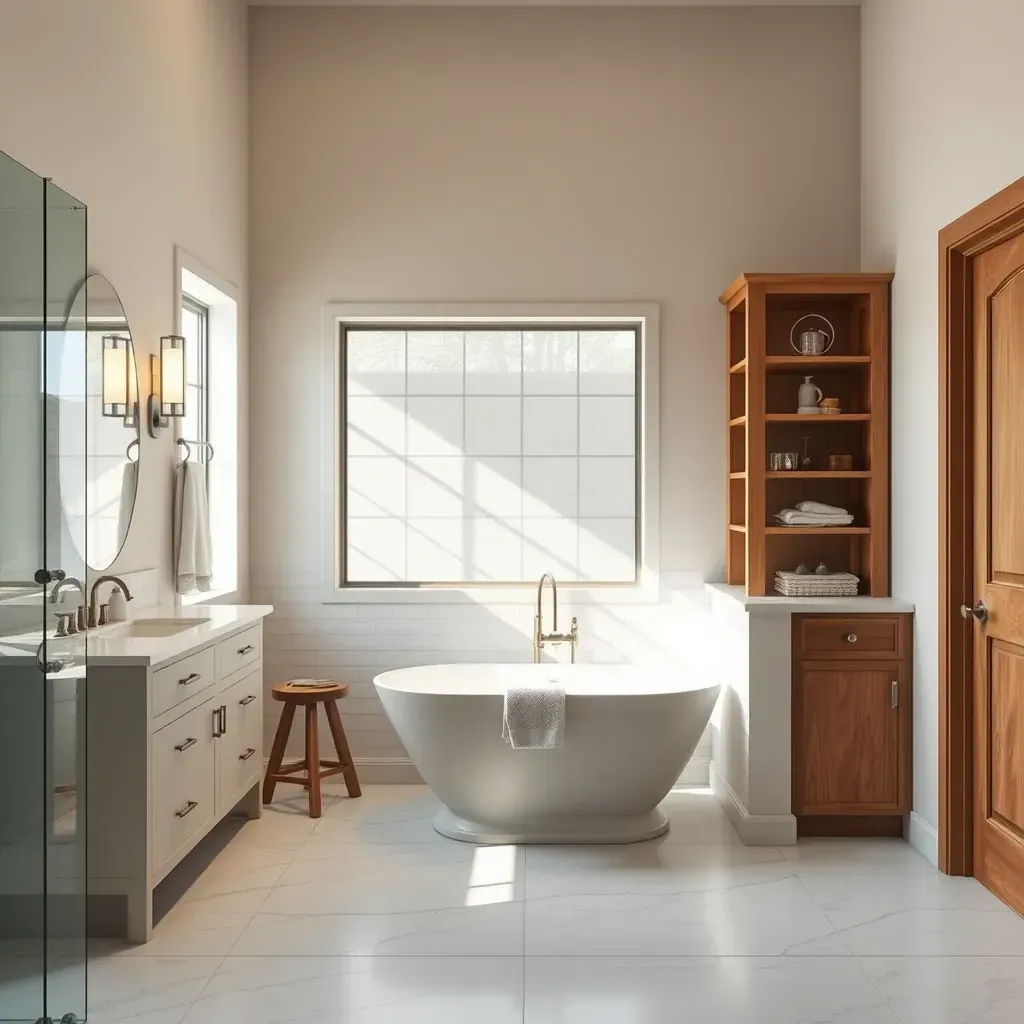 Modern Buda, TX bathroom remodel with sleek fixtures, glass shower, contemporary vanity, neutral tones, and stylish decor.