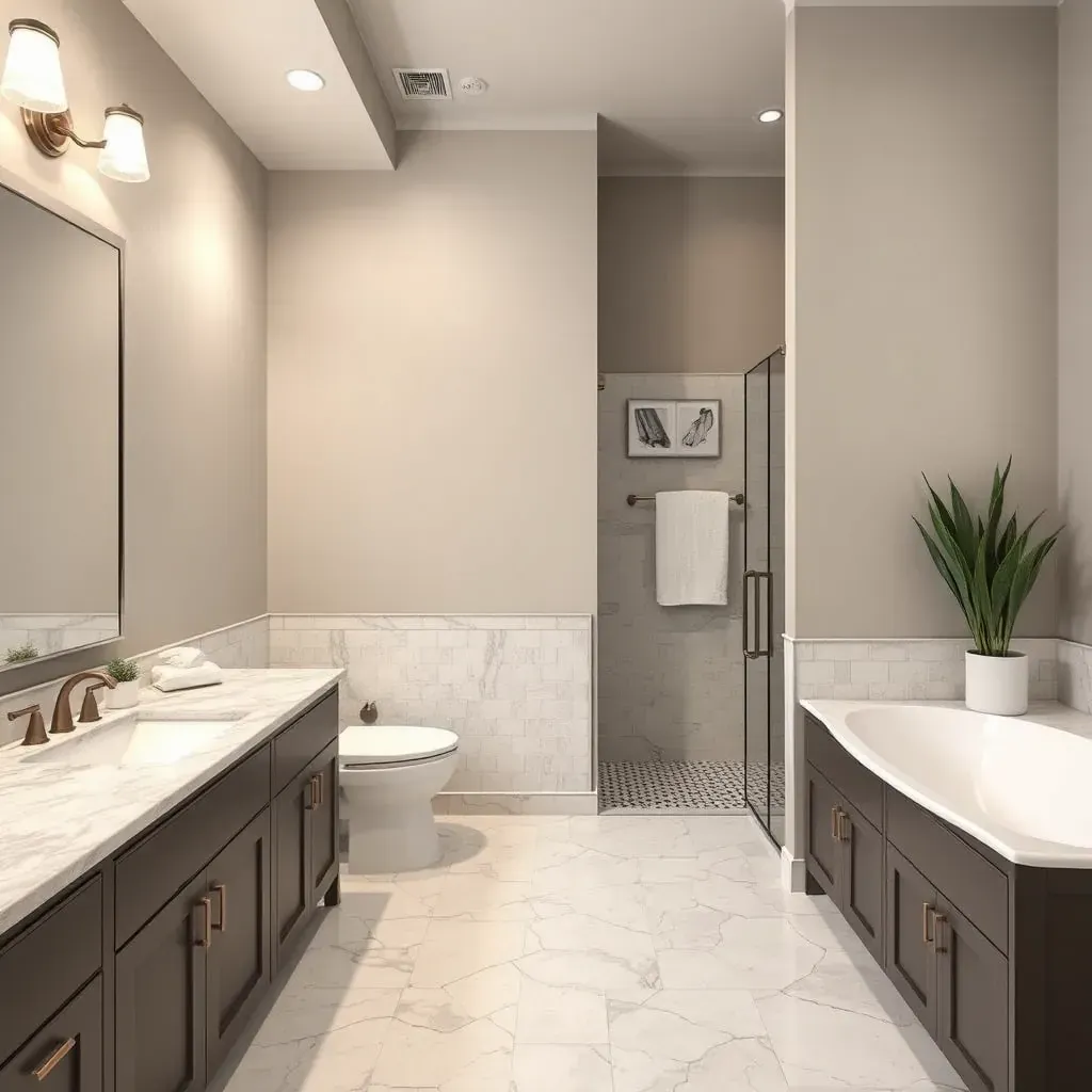 Modern bathroom in Cedar Park, TX featuring a freestanding tub, double vanity, rainfall shower, and sleek tile design.