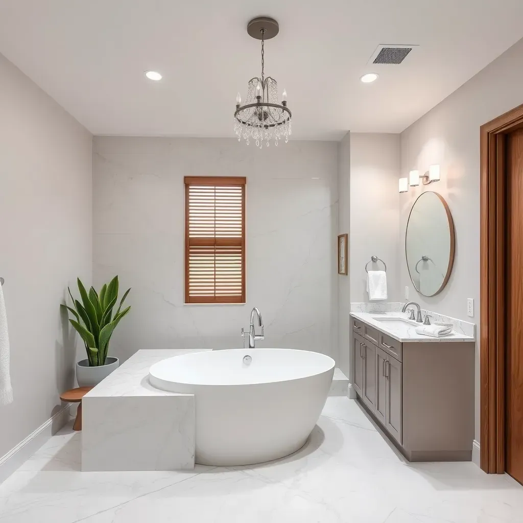 Modern Dallas bathroom remodel featuring a walk-in shower, freestanding tub, double vanity, sleek fixtures, natural light, and upscale finishes.