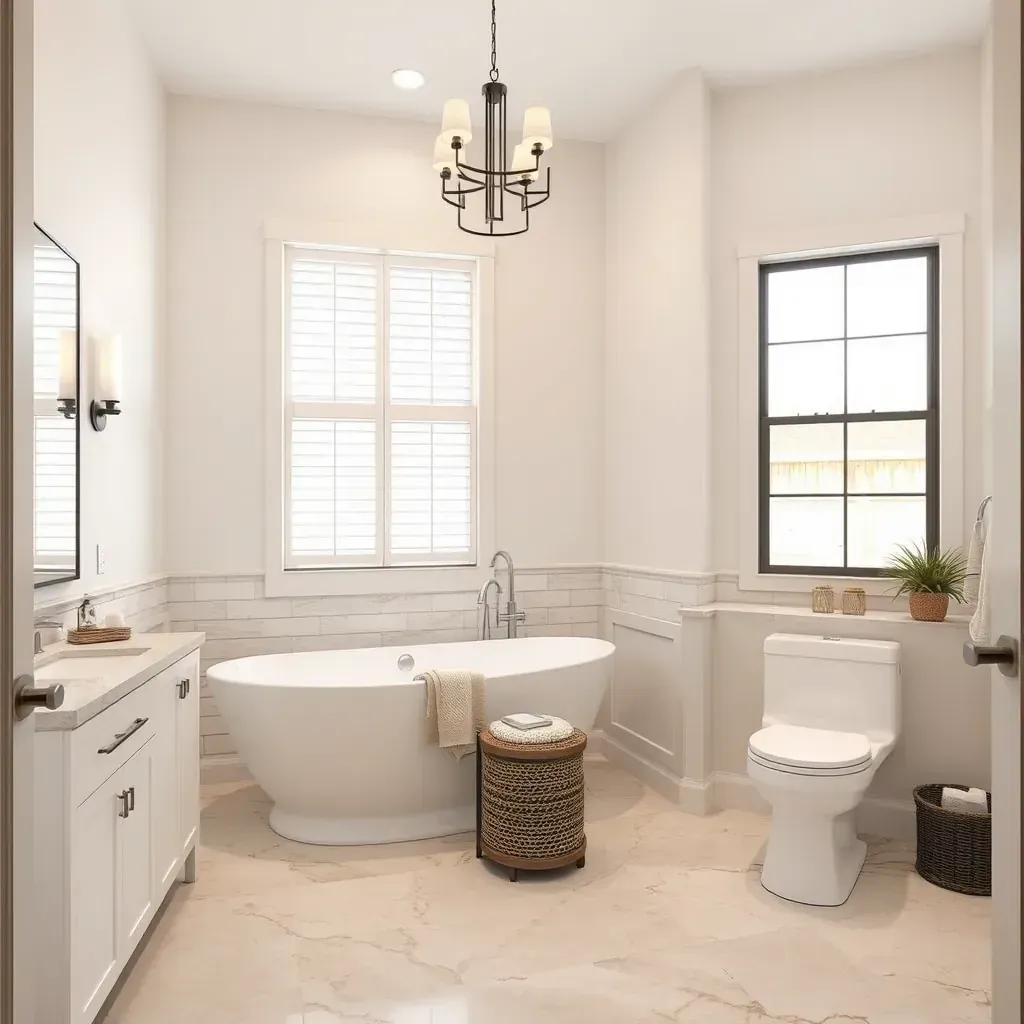 Modern Steiner Ranch bathroom with walk-in shower, quartz vanity, neutral tiles, natural light, and sleek fixtures.