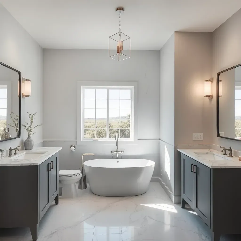 Modern Marble Falls bathroom featuring marble countertops, walk-in shower, freestanding tub, and natural stone accents.