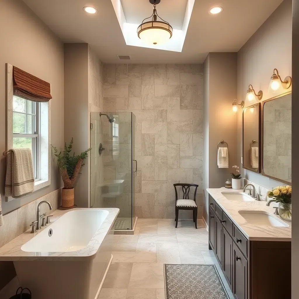 Modern bathroom renovation in Lockhart, TX featuring sleek fixtures, subway tiles, a freestanding tub, and stylish lighting.