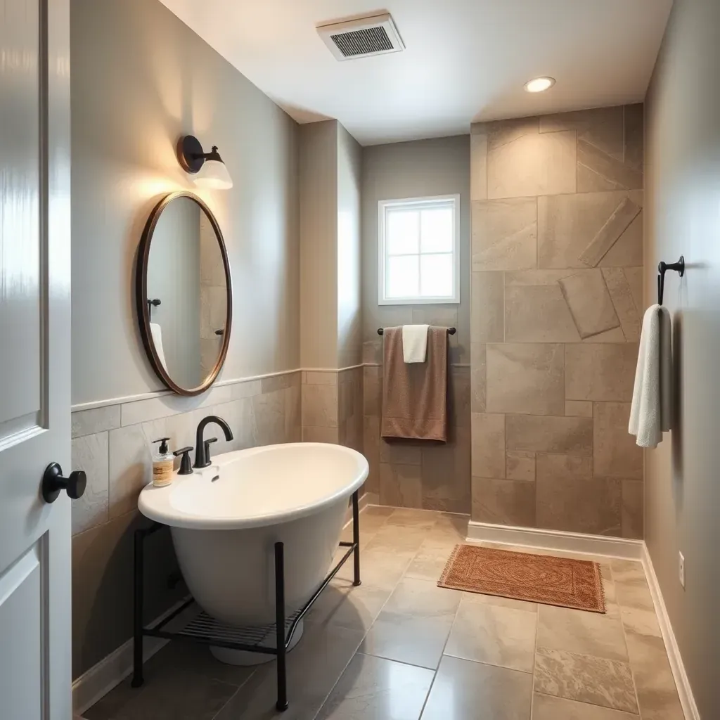 Spacious, modern Jonestown, TX bathroom with white subway tiles, walnut vanity, glass shower, soaking tub, and scenic lake views.