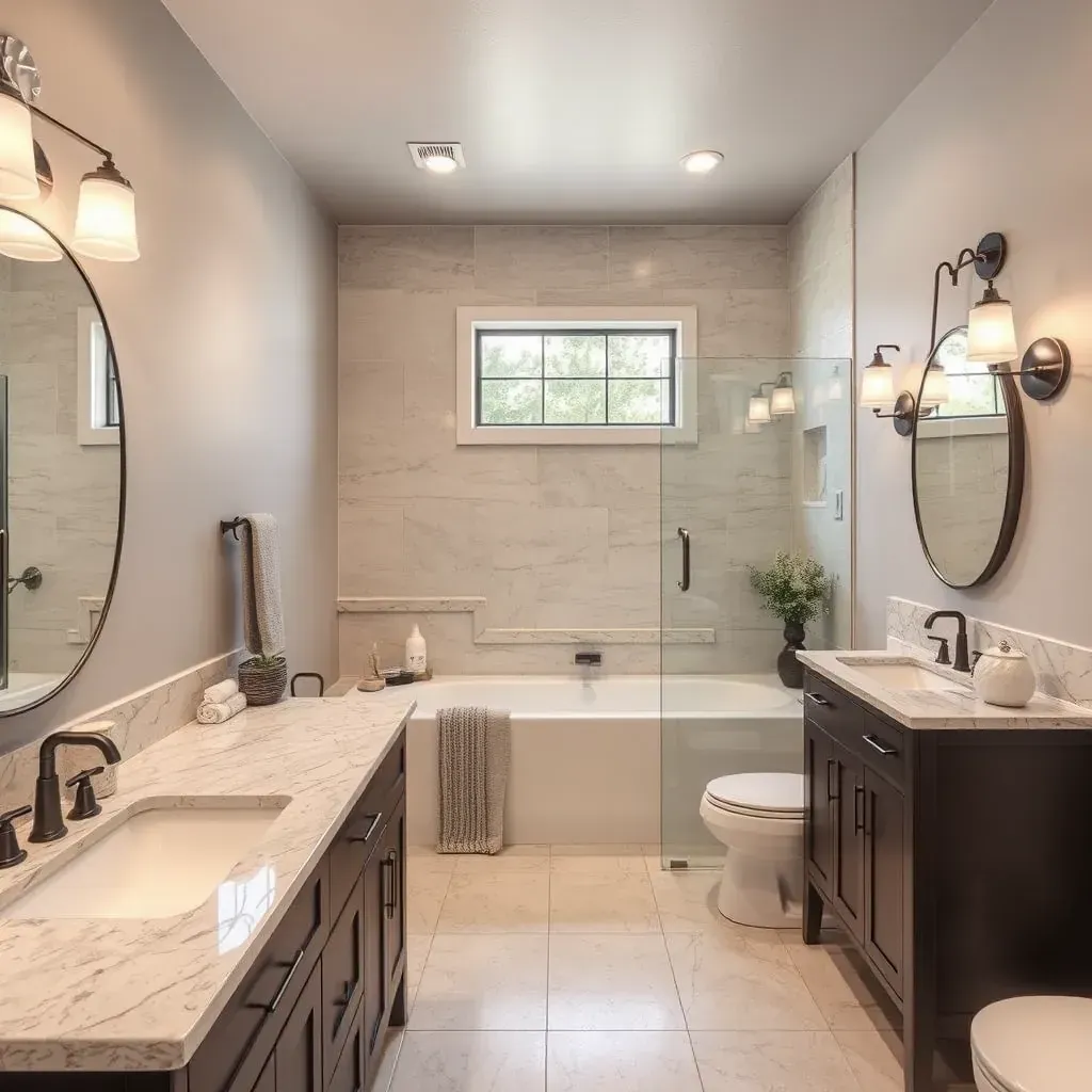 Modern remodeled bathroom in Round Rock, TX with glass shower, soaking tub, granite vanity, and natural light.