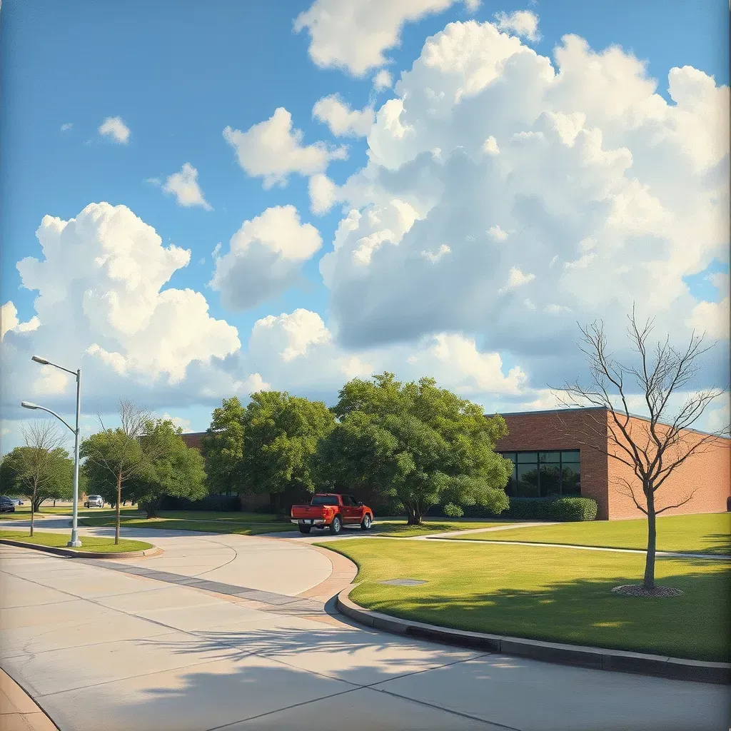 Outdoor Texas landscape painting with rolling hills and oak trees in a Round Rock park, framed on a stone pedestal.