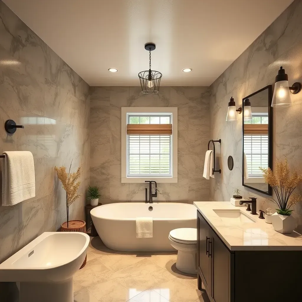 Modern remodeled bathroom in Buda, TX with walk-in shower, double vanity, soaking tub, natural light, warm wood finishes.