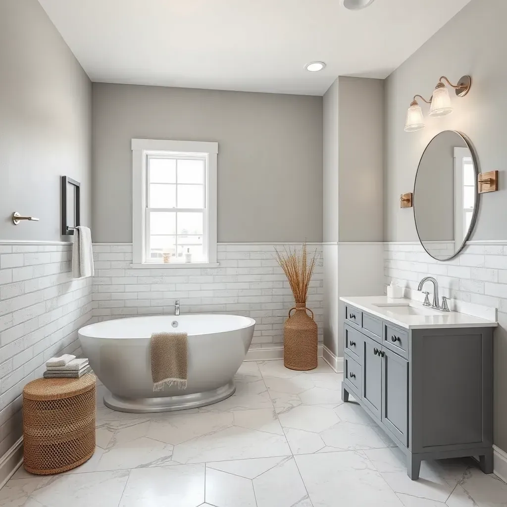 Modern bathroom in Jonestown, TX featuring marble countertops, black fixtures, natural stone shower, dual vanity, and Texas-inspired decor.
