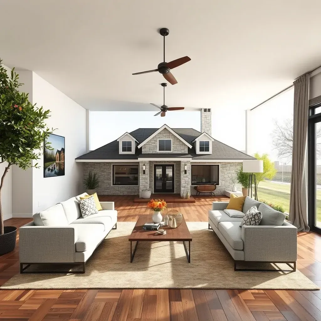 Modern renovated Oak Hill home with earthy siding, stone accents, large windows, new roofing, landscaped yard, and mature trees.