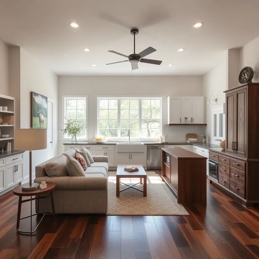 Beautiful home exterior in Dripping Springs, TX with farmhouse style, stone accents, large windows, front porch, native plants, and rolling hills.