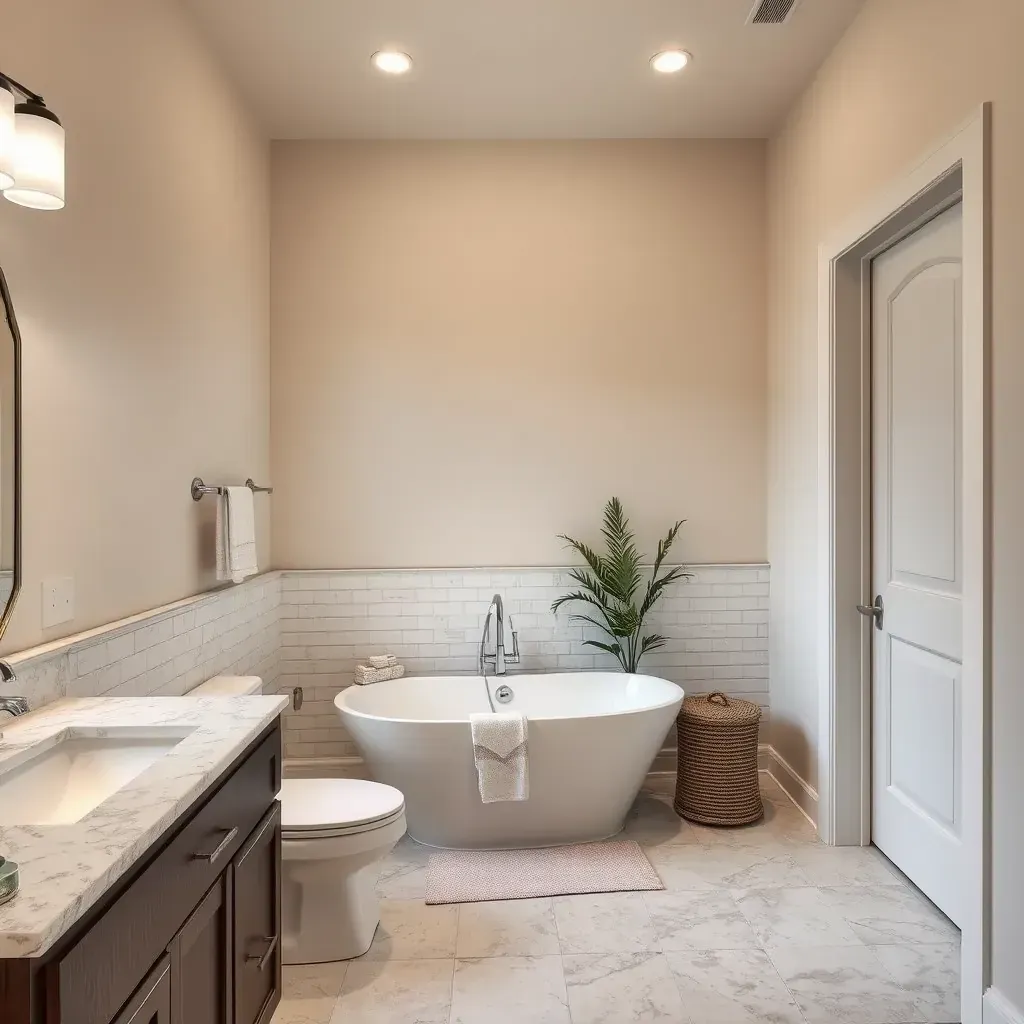 Modern bathroom in Florence, TX with glass shower, double vanity, soaking tub, natural stone tiles, and rustic-modern design.