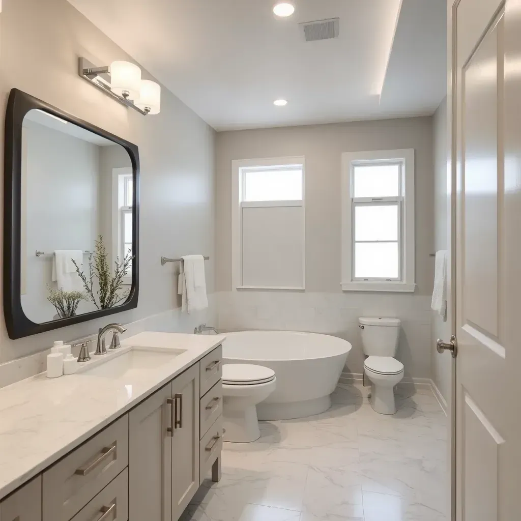 Modern bathroom in Killeen, TX with marble countertops, walk-in glass shower, soaking tub, neutral tones, and natural light.