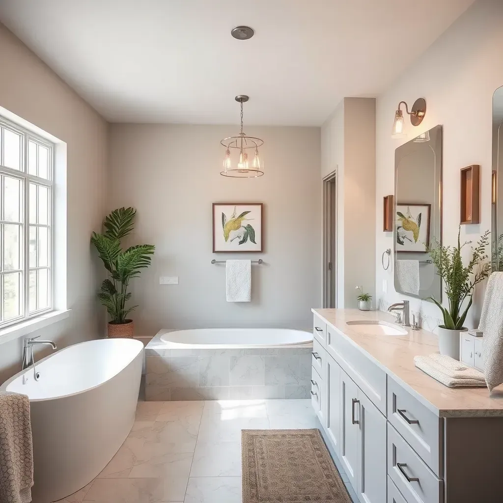 Beautiful renovated bathroom in San Marcos, TX with quartz counters, glass shower, soaking tub, natural light, warm tones.