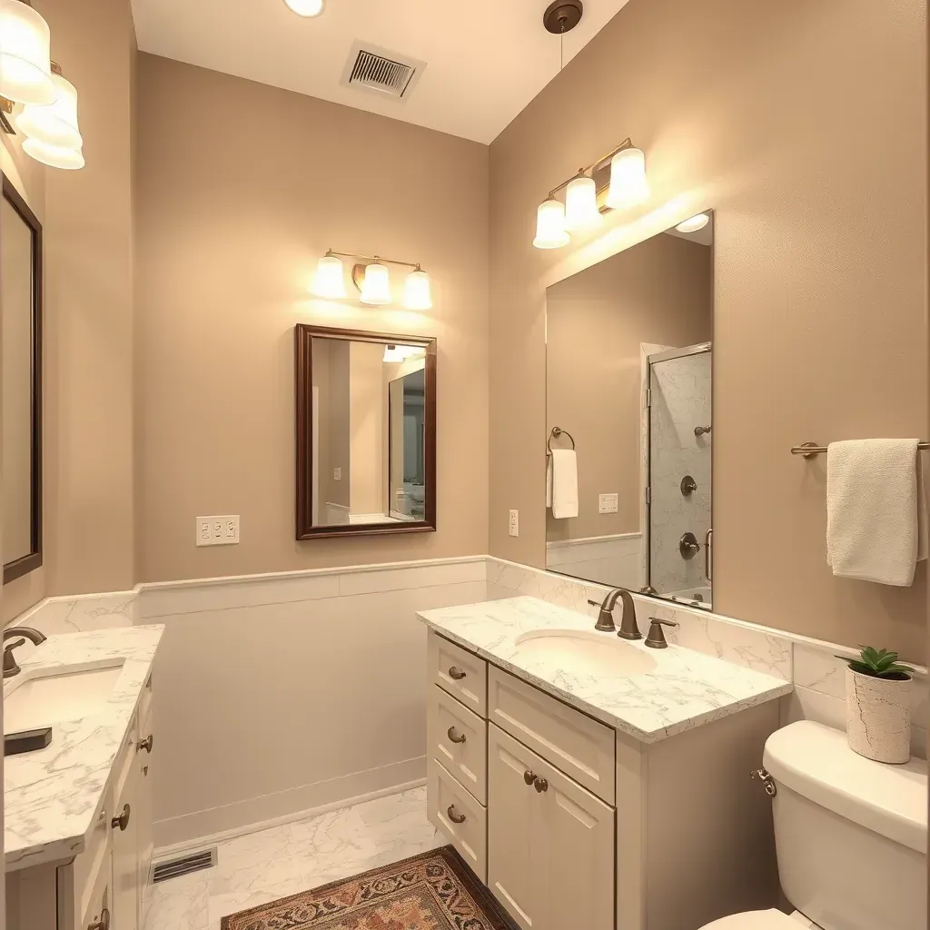 Modern bathroom in Belton, TX with a walk-in shower, freestanding tub, double vanity, marble tiles, and neutral tones.