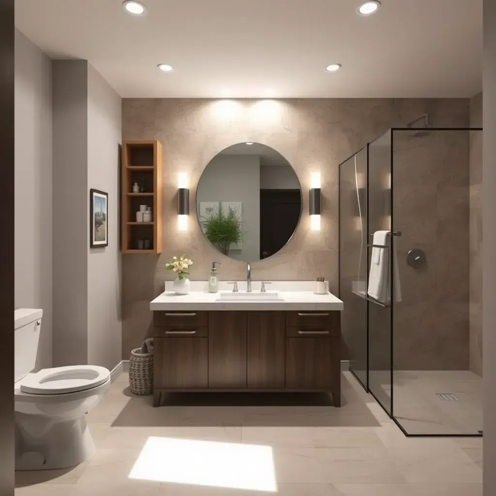 Modern bathroom remodel in Round Rock, TX: sleek shower, freestanding tub, double vanity, neutral tones, natural light, stylish fixtures.