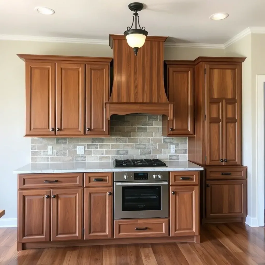 Bright, modern kitchen in Round Rock, TX featuring freshly refinished wood cabinets with brushed nickel hardware and quartz countertops.