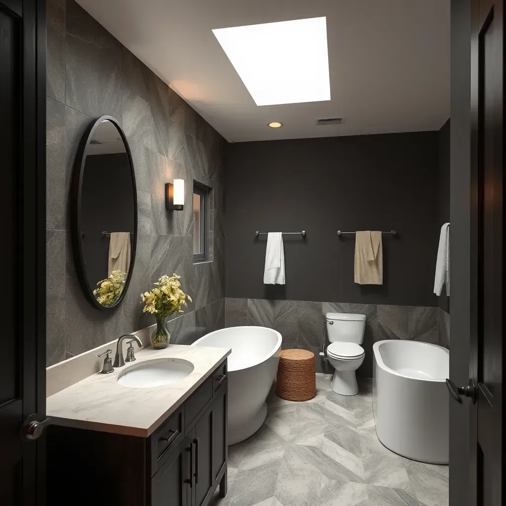 Detailed view of a contemporary Bee Cave, TX bathroom with sleek fixtures, a walk-in shower, double vanity, and warm earthy tones.