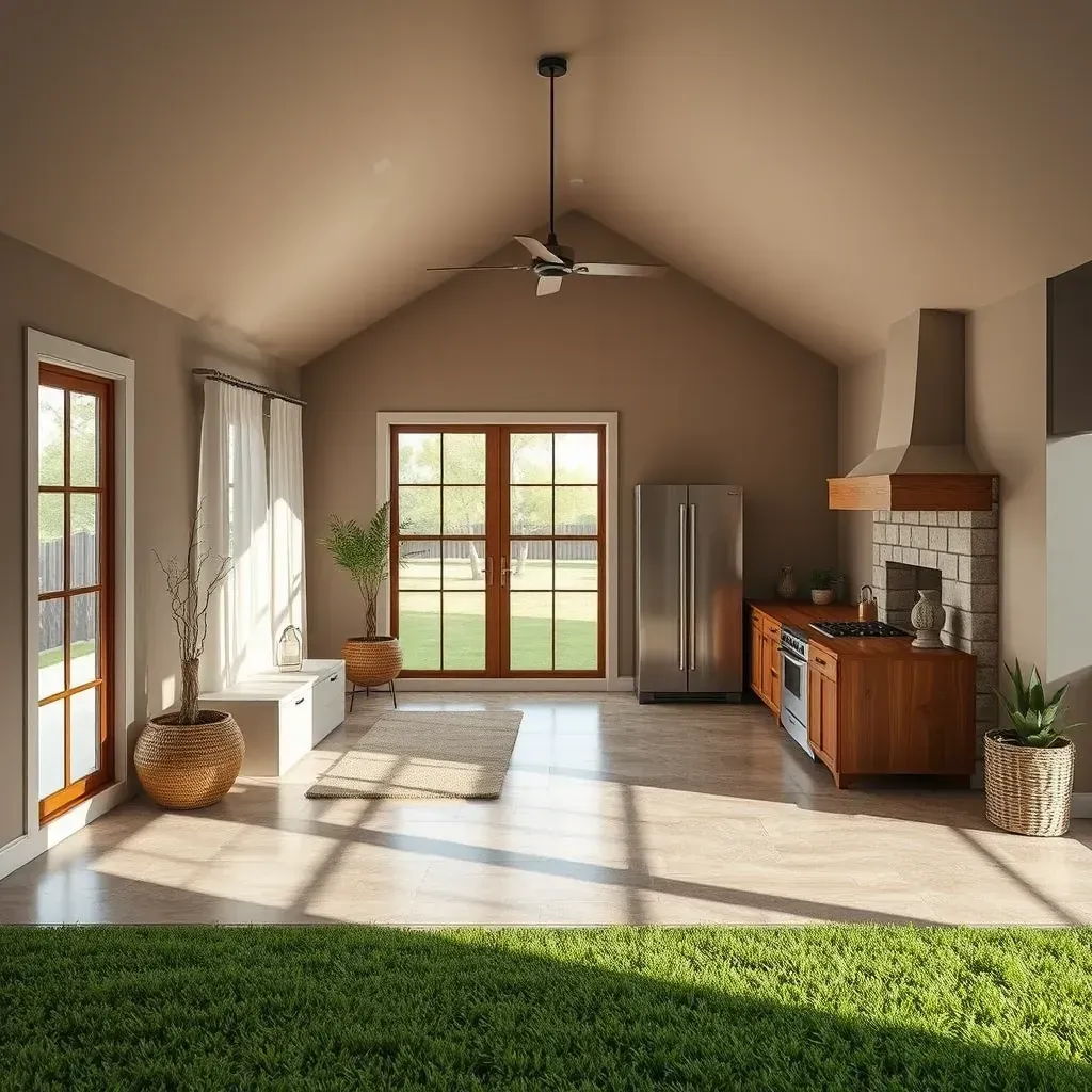Lockhart, TX home remodeling: modern exterior, landscaped yard, construction tools, and peaceful suburban neighborhood.