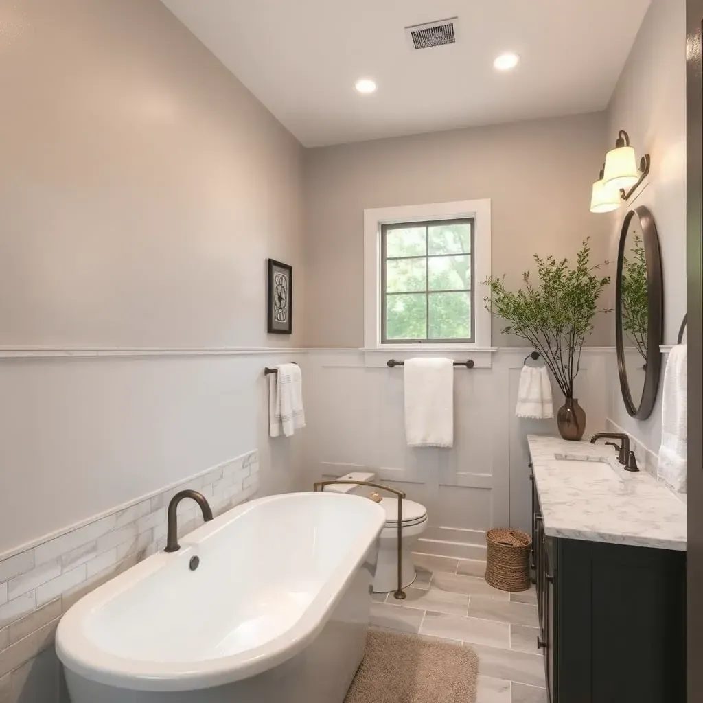 Modern bathroom in Spicewood Springs, TX featuring a soaking tub, walk-in shower, double vanity, and elegant neutral tiles.