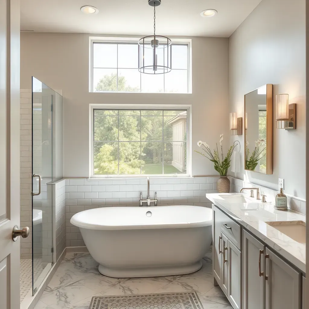 Modern bathroom in Bastrop, TX with earthy tiles, glass shower, soaking tub, quartz vanity, and Texas-inspired decor.