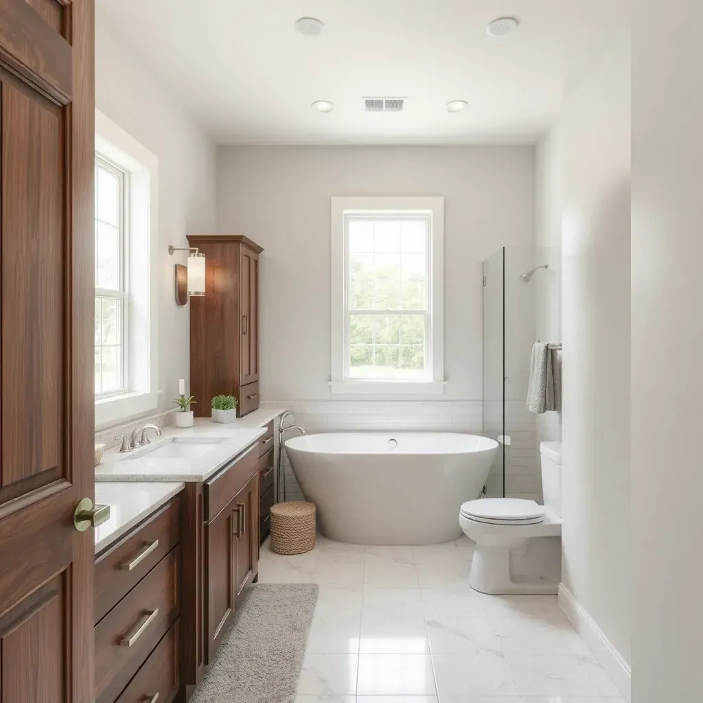 Modern College Station bathroom with walk-in shower, freestanding tub, double vanity, neutral tones, and natural light.