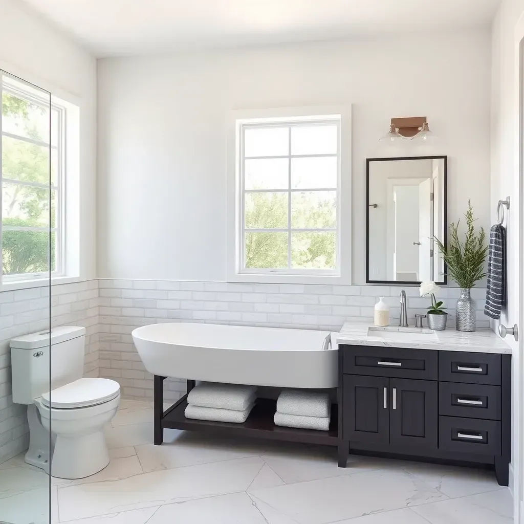Modern San Marcos bathroom with marble countertops, walk-in shower, freestanding tub, rustic-chic wood cabinetry, Texas landscape views.