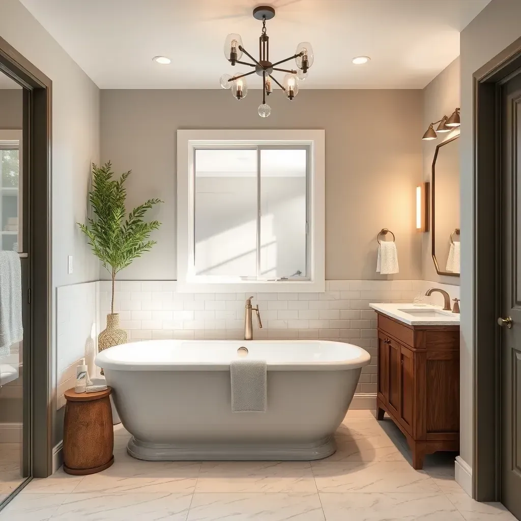 Modern Georgetown bathroom with marble countertops, frameless shower, soaking tub, and natural light.