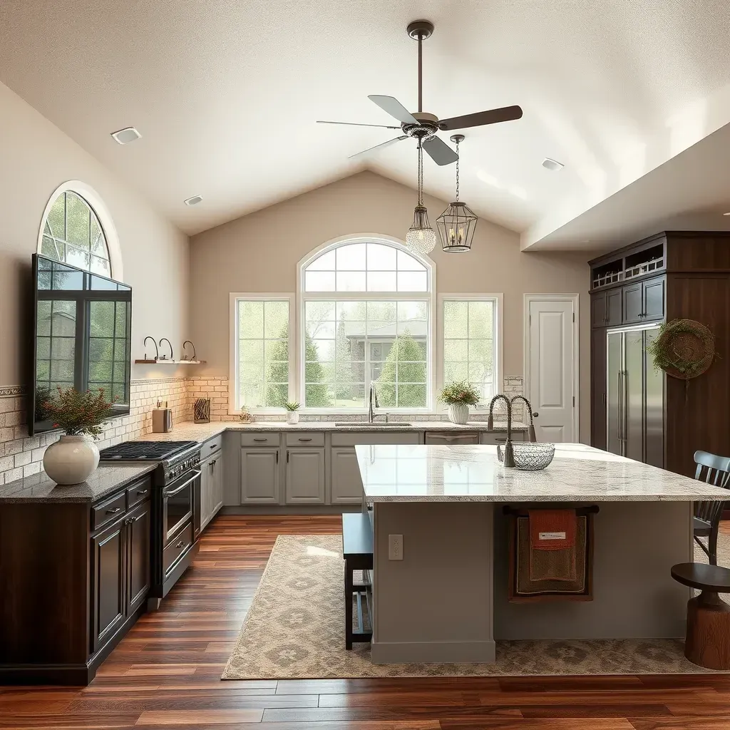 Spacious Elgin, TX living room with exposed beams, partial warm walls, hardwood floors, and scenic rural views.