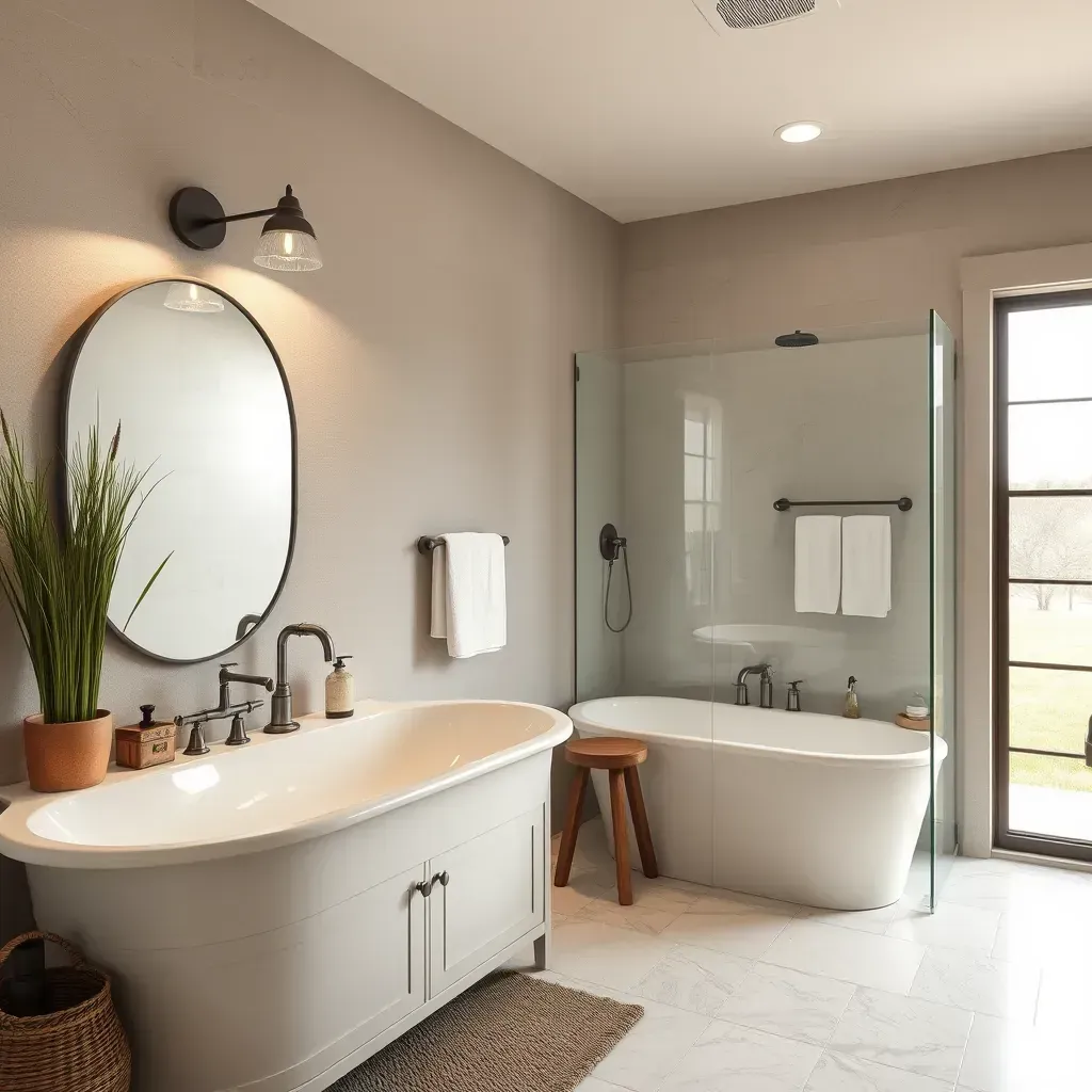 Modern bathroom remodel in Salado, TX featuring neutral tiles, glass shower, sleek vanity, and natural light.