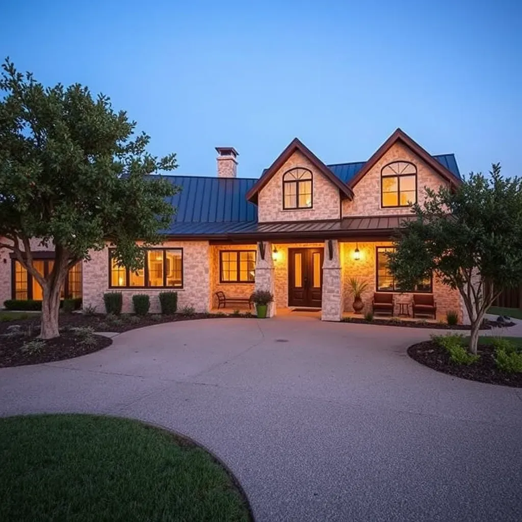 Remodeled Wimberley, TX home with new siding, scaffolding, tools, lush greenery, and rolling hills in a scenic countryside.
