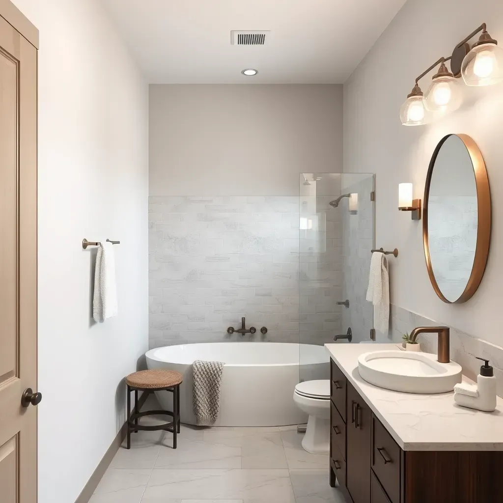 Modern bathroom in Buda, TX with gray tiles, walk-in shower, quartz vanity, freestanding tub, and stylish fixtures.