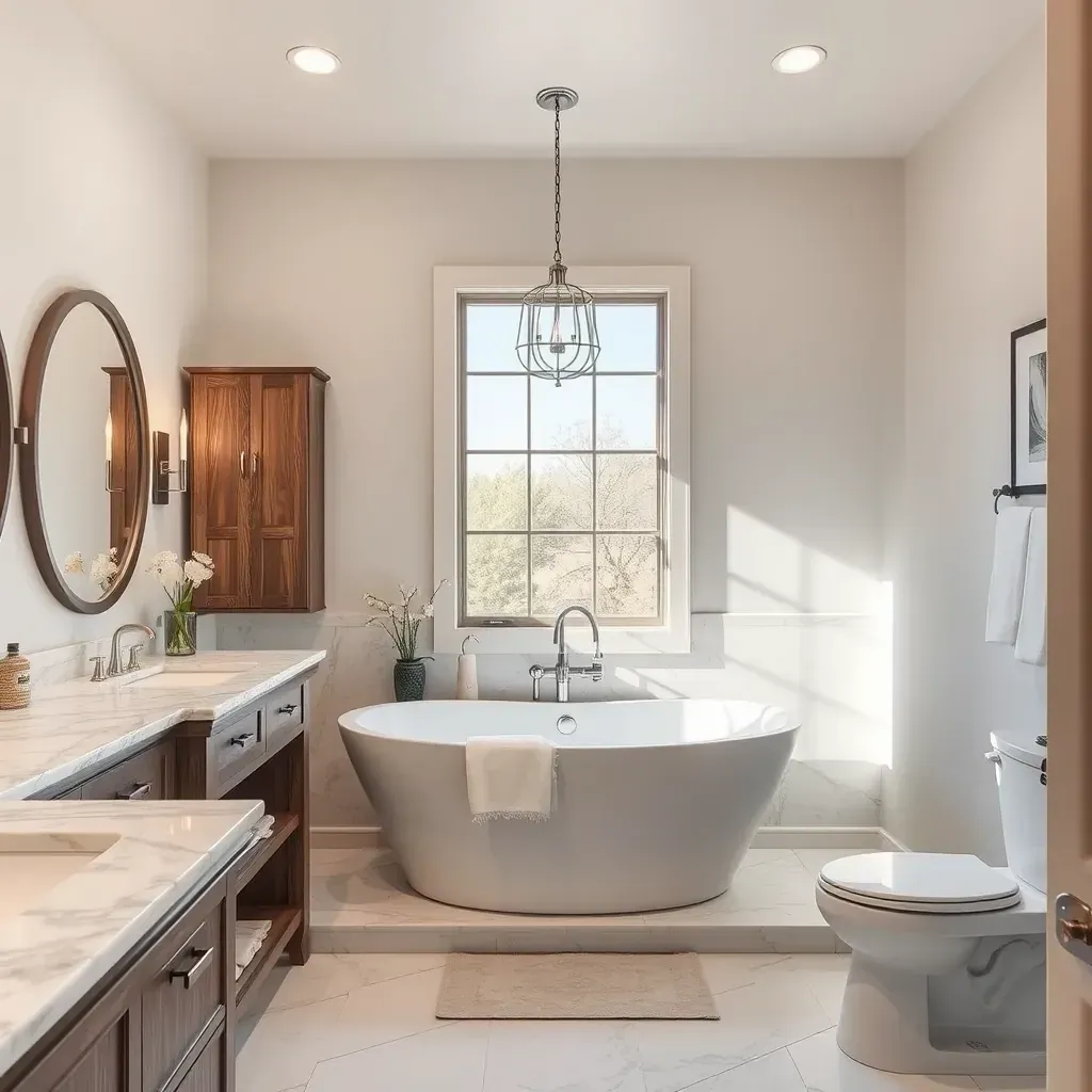 Remodeled Marble Falls bathroom featuring a walk-in shower, freestanding bathtub, marble vanity, and scenic Hill Country views.