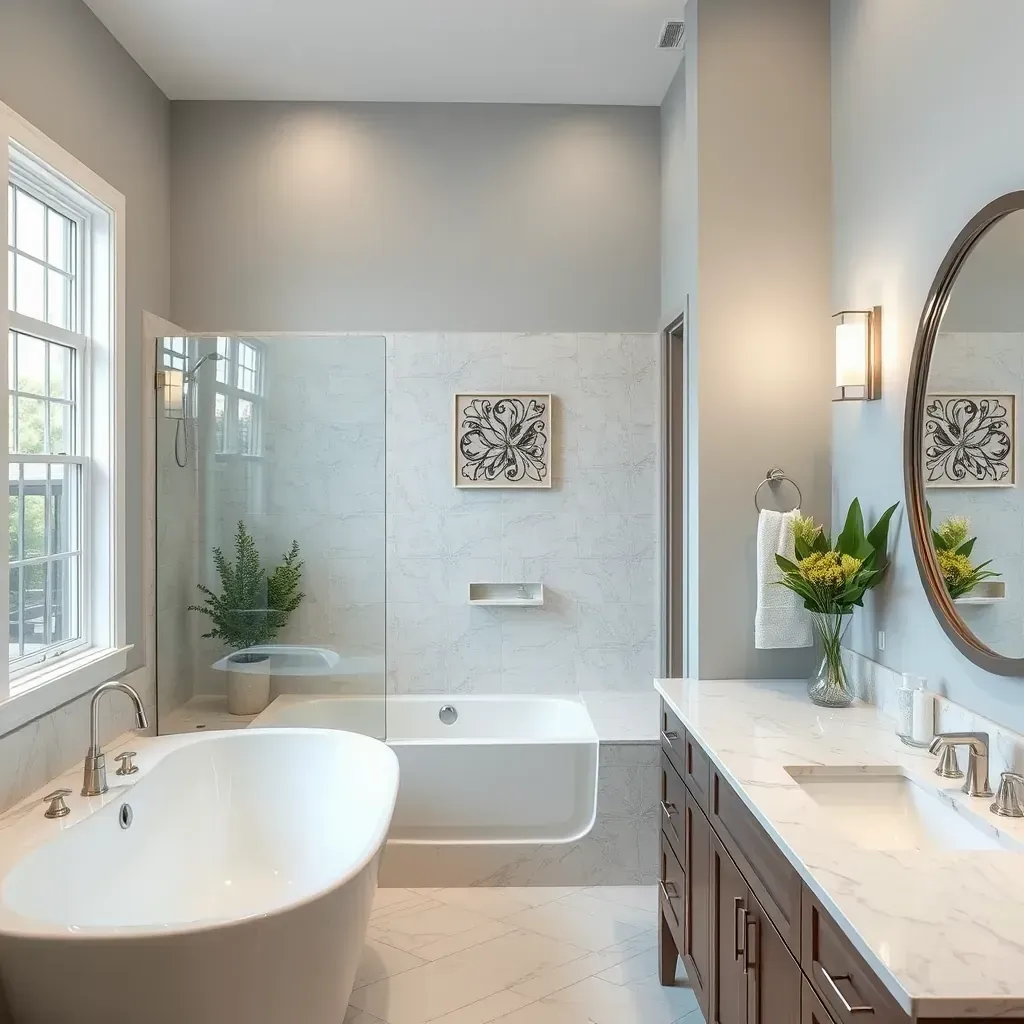 Modern bathroom in Round Rock, TX with walk-in shower, sleek vanity, neutral tiles, and landscaped backyard view.