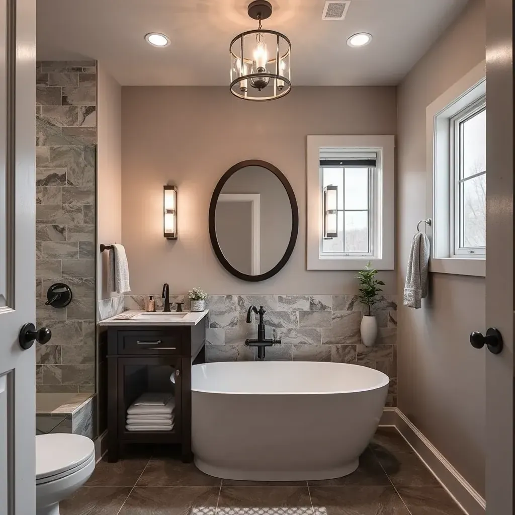 Modern Liberty Hill, TX bathroom with contemporary fixtures, natural stone tiles, scenic views, and renovation details.