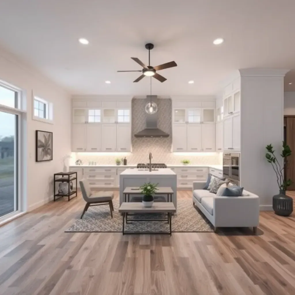 Remodeled Manor, TX home interior with modern kitchen, hardwood floors, fresh paint, large windows, tools, and materials.