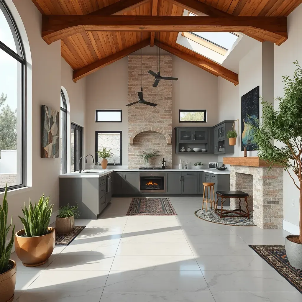 Home remodeling in San Marcos, TX with fresh paint, exposed beams, new windows, native landscaping, and construction tools.