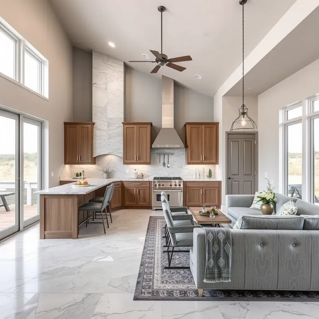 A modern kitchen remodel in Marble Falls, TX showcasing sleek cabinetry, granite countertops, and stylish lighting.