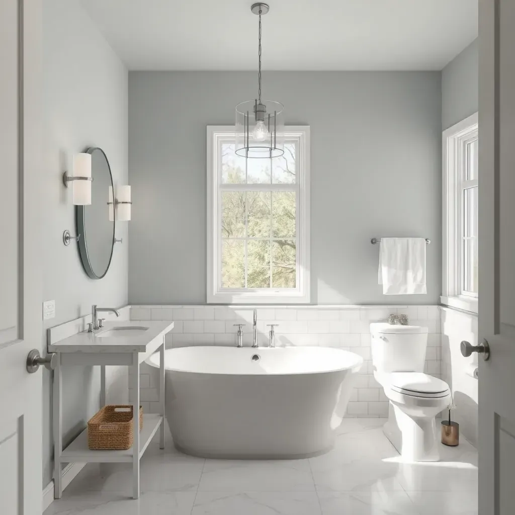 Modern bathroom in Lockhart, TX featuring a glass shower, soaking tub, floating vanity, and polished gray tile flooring.