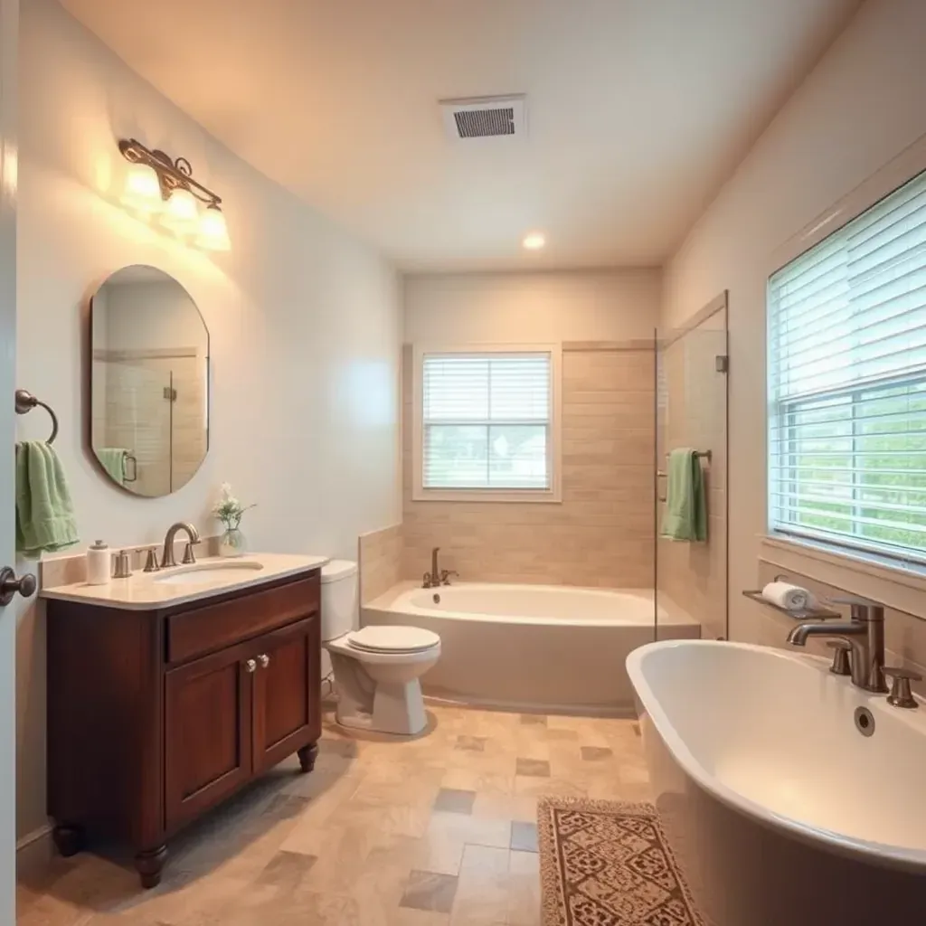 Modern bathroom with floating oak vanity, glass shower with subway tiles, porcelain flooring, and sleek fixtures in Killeen, TX.
