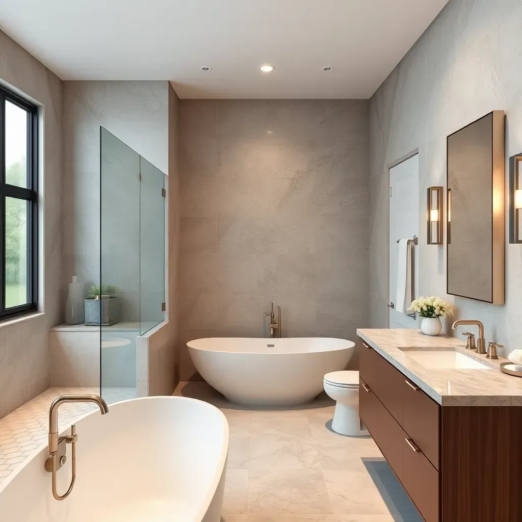 Spacious Dallas bathroom with marble floors, freestanding tub, walk-in shower, quartz vanity, and natural light.