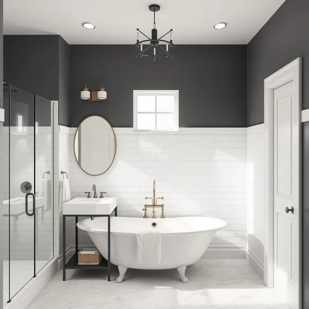 Modern Kerrville bathroom with earthy tones, granite vanity, glass shower, natural light and minimal decor for remodeling.