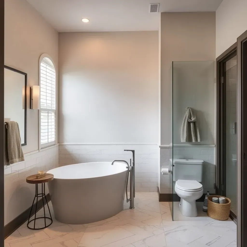 Modern bathroom in Belton, TX featuring a walk-in shower with glass enclosure, wooden vanity, soaking tub, and neutral-toned tiles.